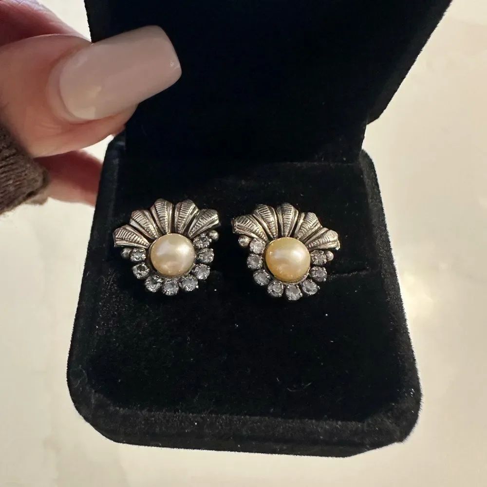 Elegant Real Pearl and Oxidized Silver and Crystal Earrings